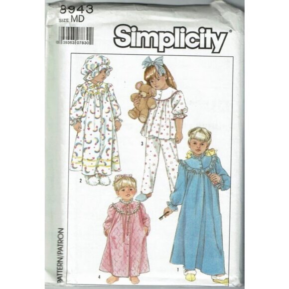 Simplicity Sewing Pattern 8943 Nightgown Pajamas Robe Hat Childs Size 3-4 - Picture 1 of 2